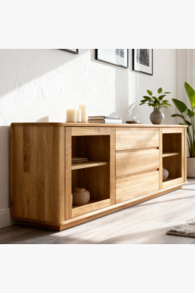 Prémium tölgyfa komód üvegajtókkal és fiókokkal, Monako design